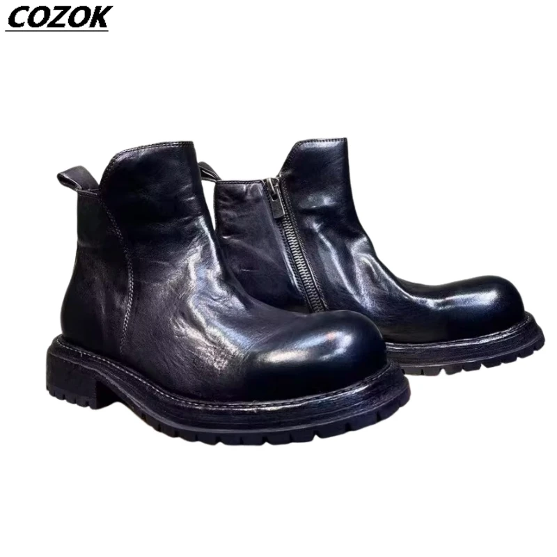 Wash water to make old leather boots top quality horse leather luxury designer shoes sole 5cm large cowhide pressed