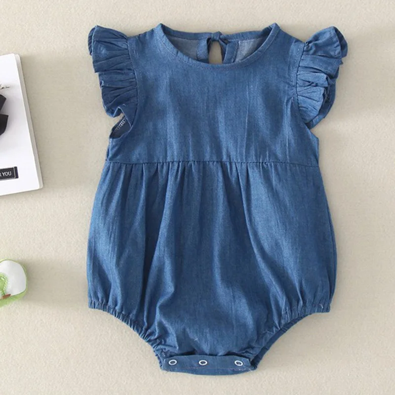 2024 New Summer Newborn Baby Girls Boys Bodysuits Short Sleeved Solid Denim Brother And Sister Clothing Infant Baby Jumpsuit