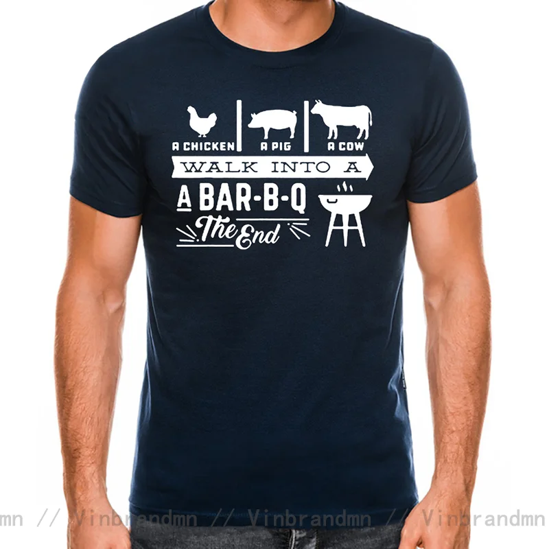 A Chicken Pig Cow Walk Into Barbecue BBQ Funny T Shirts Men Summer Cotton Harajuku Short Sleeve O Neck Streetwear Black T-shirt