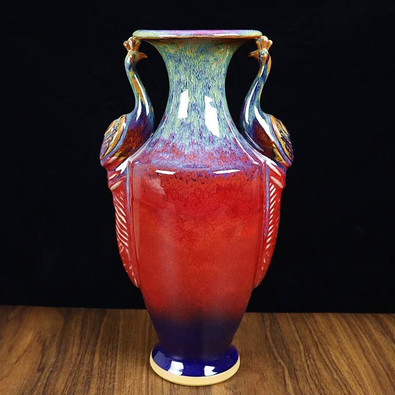 Red Chinese Flambe Vase, Peacock Bird Handles, Vase For Plants, Luxury Modern Antiques And Vases