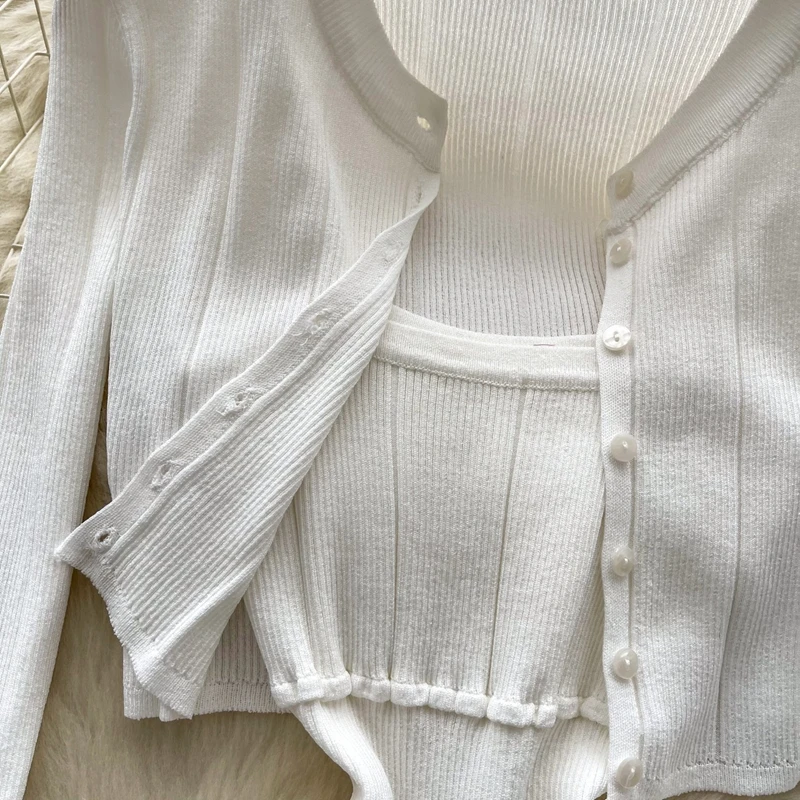 Koreaanse Stijl Vrouwen Korte Witte Gebreide Vest Cinched Taille Jarretel Jurk Pure Desire Stijl Tweedelige Set