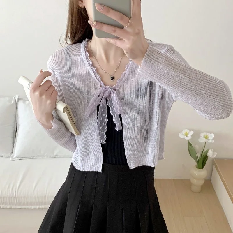 

Lace-Trim Tie-Front Thin Cropped Cardigan Women Summer Long Sleeve Knit Cover Ups Pink Purple White Blue Green Shrug Top Cute
