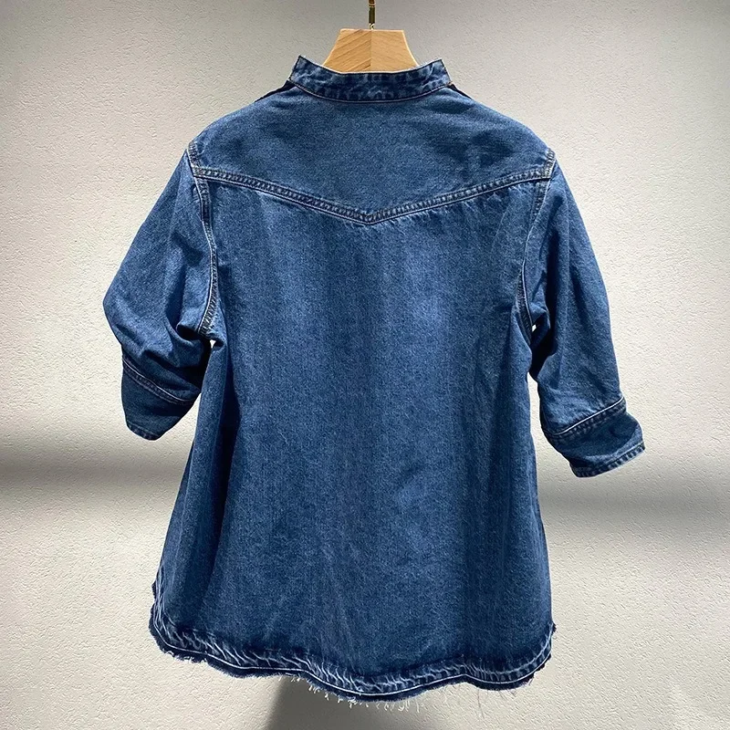 2024 Autumn New Niche Pullover Versatile Sweater Top Fashion Denim Splicing Short-sleeved Knitted Sweater For Women