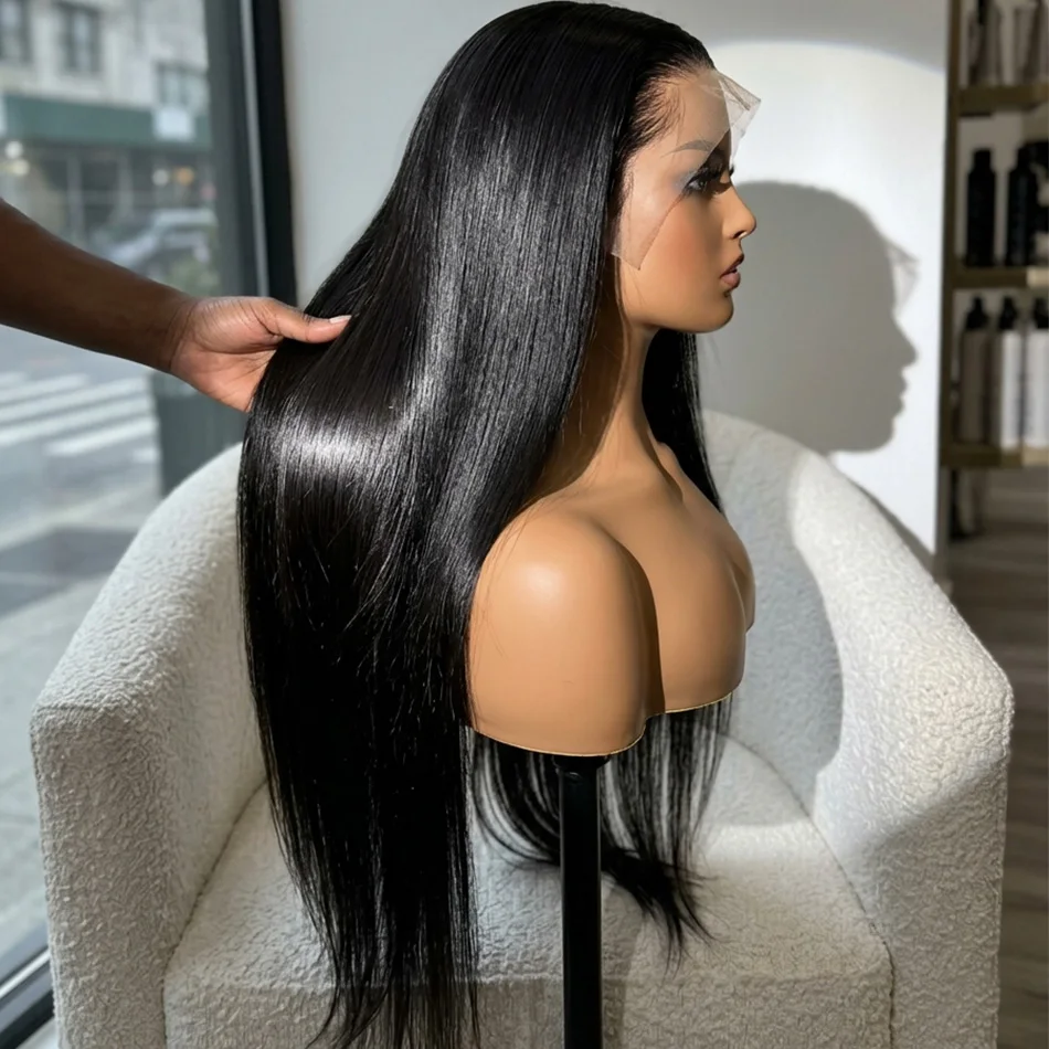 

40 Inch Extra Long 250% Density Natural Black 13x4 HD Lace Frontal Bone Straight Silky Soft 13x6 Remy Human Hair Wigs Pre Plucked Hairline Invisible Bleached Knots 5x5 Glueless Closure Wear and Go Shiny Thick Ends