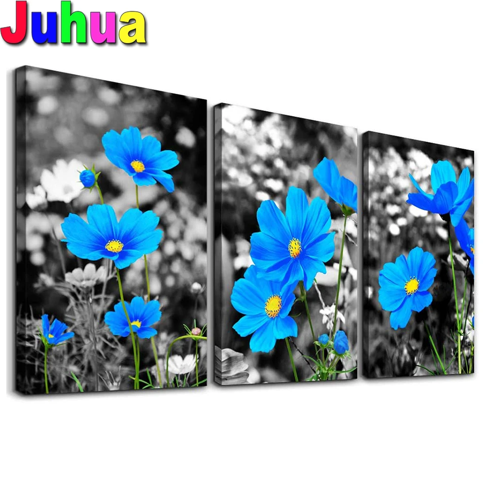 5D Diy Diamond Painting 3 Pieces Blue Sunflowers blooming Home Decoration Full Square Round Drill Embroidery Triptych Art,