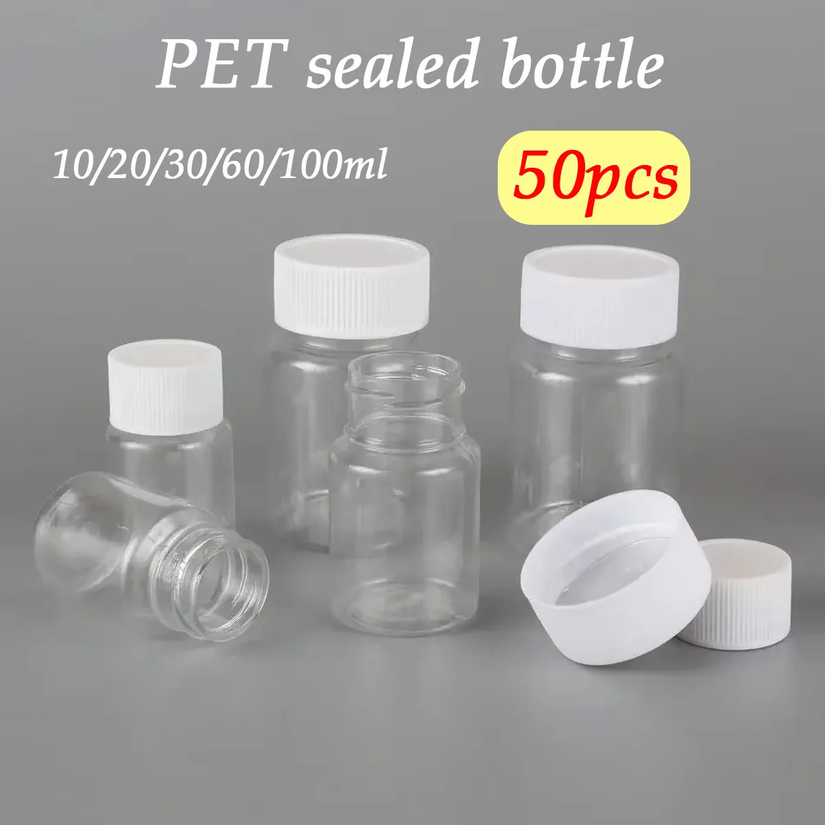 50PCS 15ml/20ml/30ml/60ml/100ml Plastic PET Clear Empty Seal Bottles Solid Powder Medicine Pill Chemical Container Reagent Vials