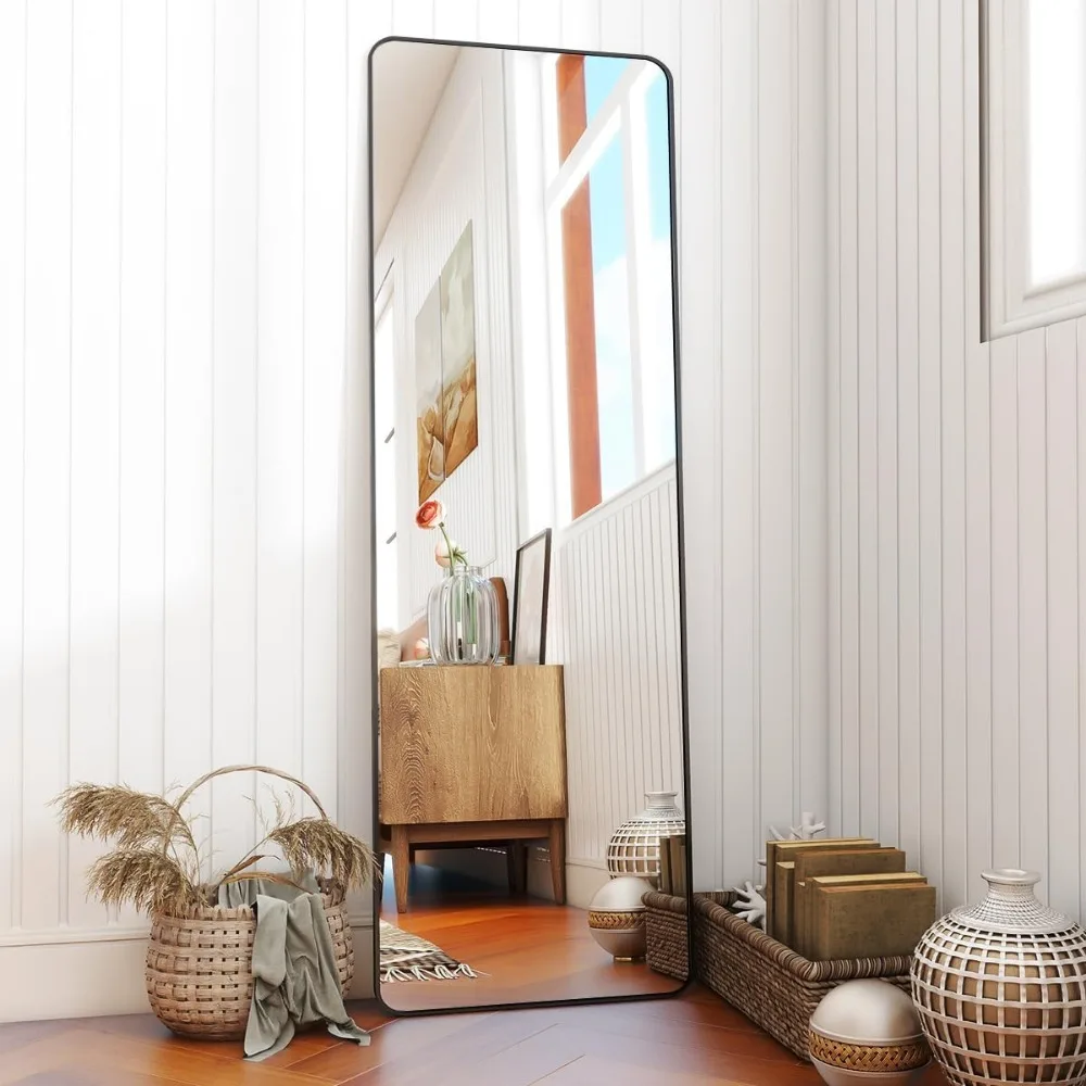 Full Length Mirror with Rounded Corners - Standing or Leaning Metal Framed Floor Mirror for Living Rooms and Bedrooms