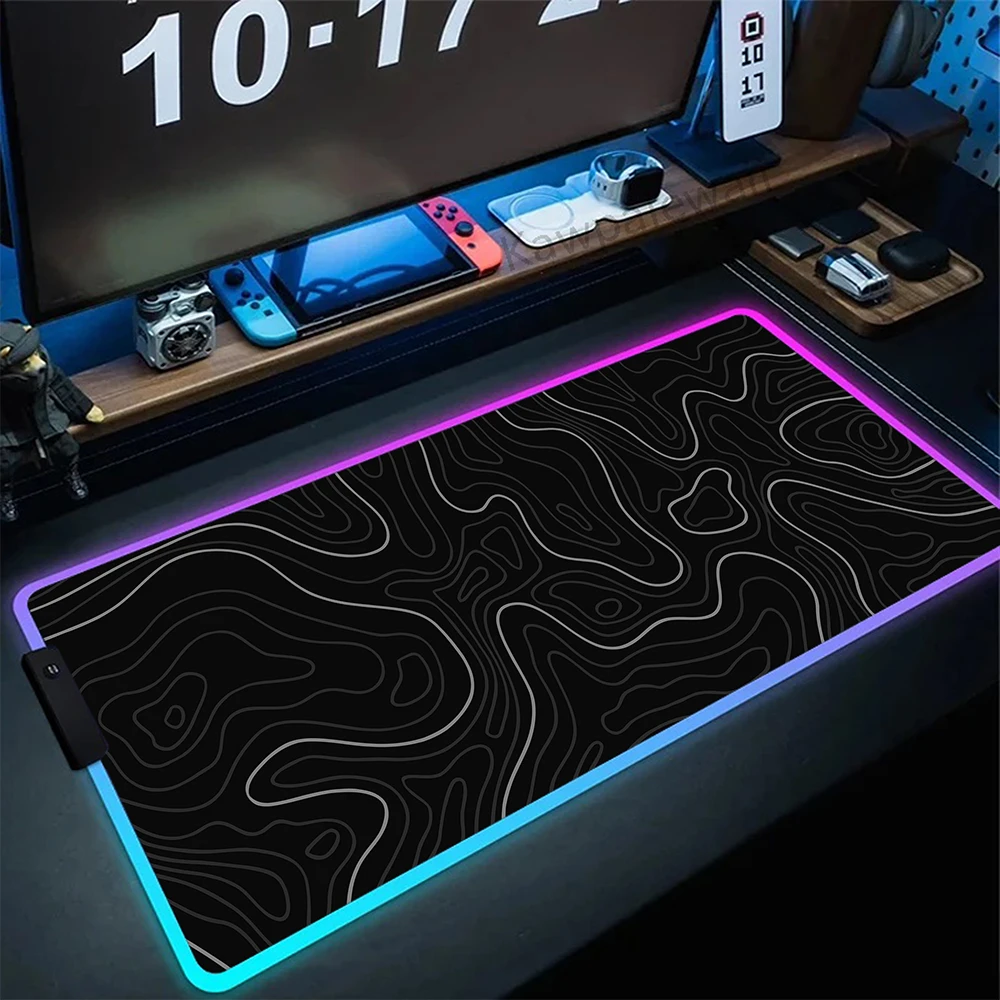 RGB Topographic Map Art Mouse Pad Gaming Mousepad LED Mouse Mat Gamer Black White Table Pads Desk Mat RGB Keyboard Mat 90x40cm