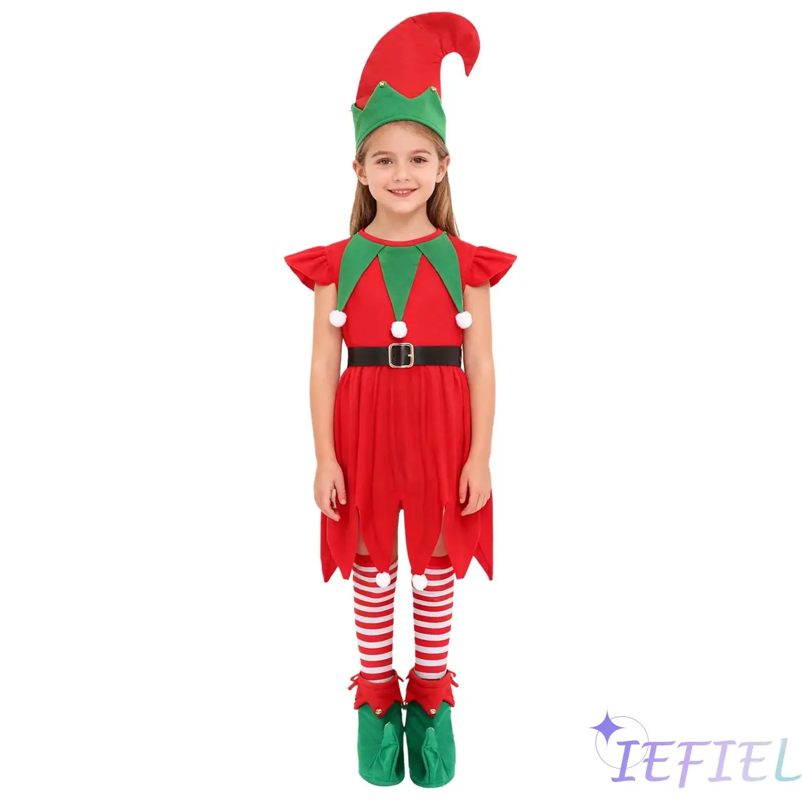 

Elf Santa Helper Christmas Costume Set for Girls Ruffled Flying Sleeves Xmas Dress+Knee Socks+Hat+Elf Shoes for Christmas Events