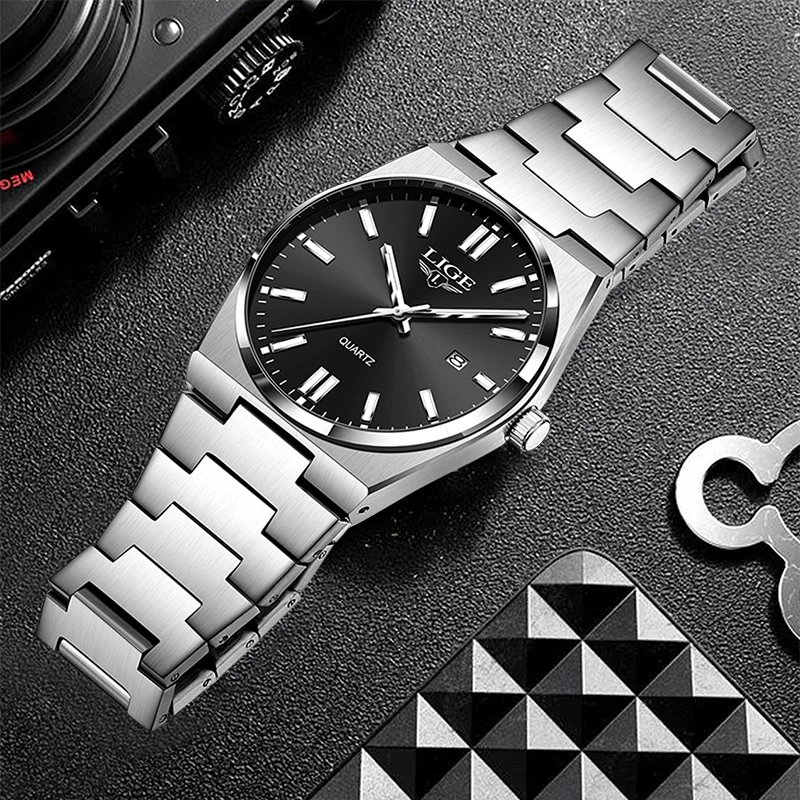 Top LIGE 2024 new style classic simple men\'s watch quartz stainless steel strap waterproof calendar watches for men reloj + box