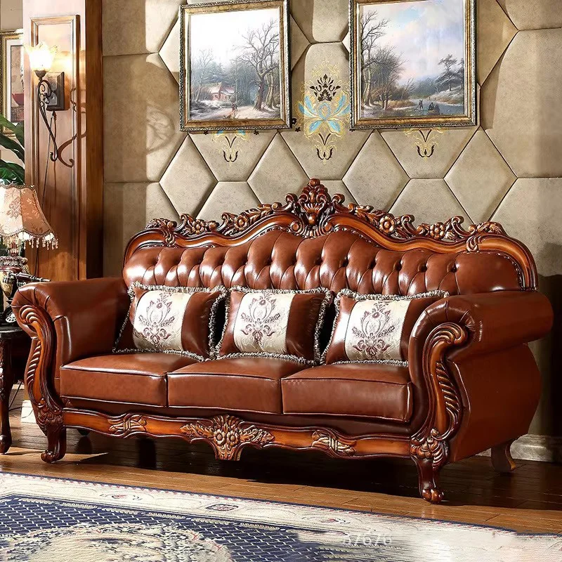 European-style First Layer Genuine Leather Sofa Combination Living Room Complete 123 American-sized Luxury  Carving Sofa ng28