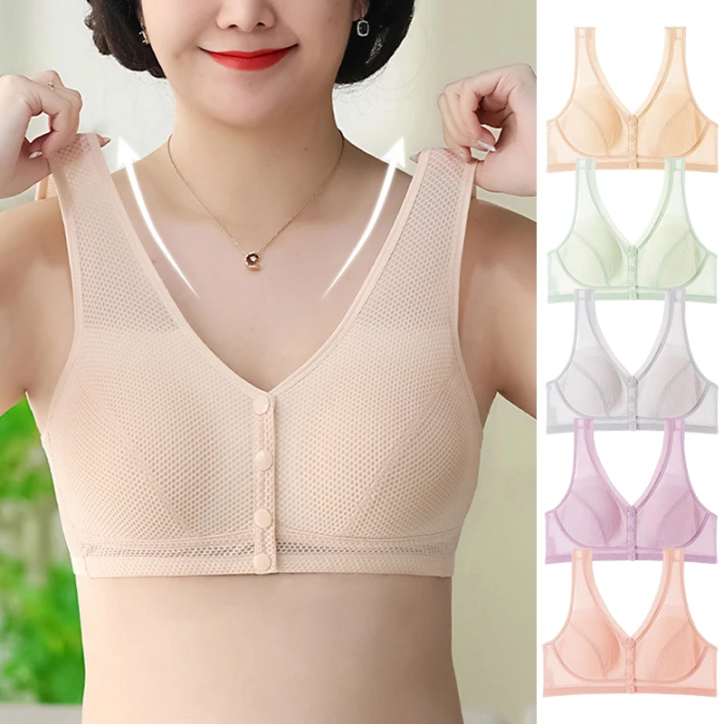 

3/6PCS Women Front-Close Bralette Wide Strap Buttons Bras Mother's Cotton Wireless Underwear Sleep Bra Lingerie Female Vest Top