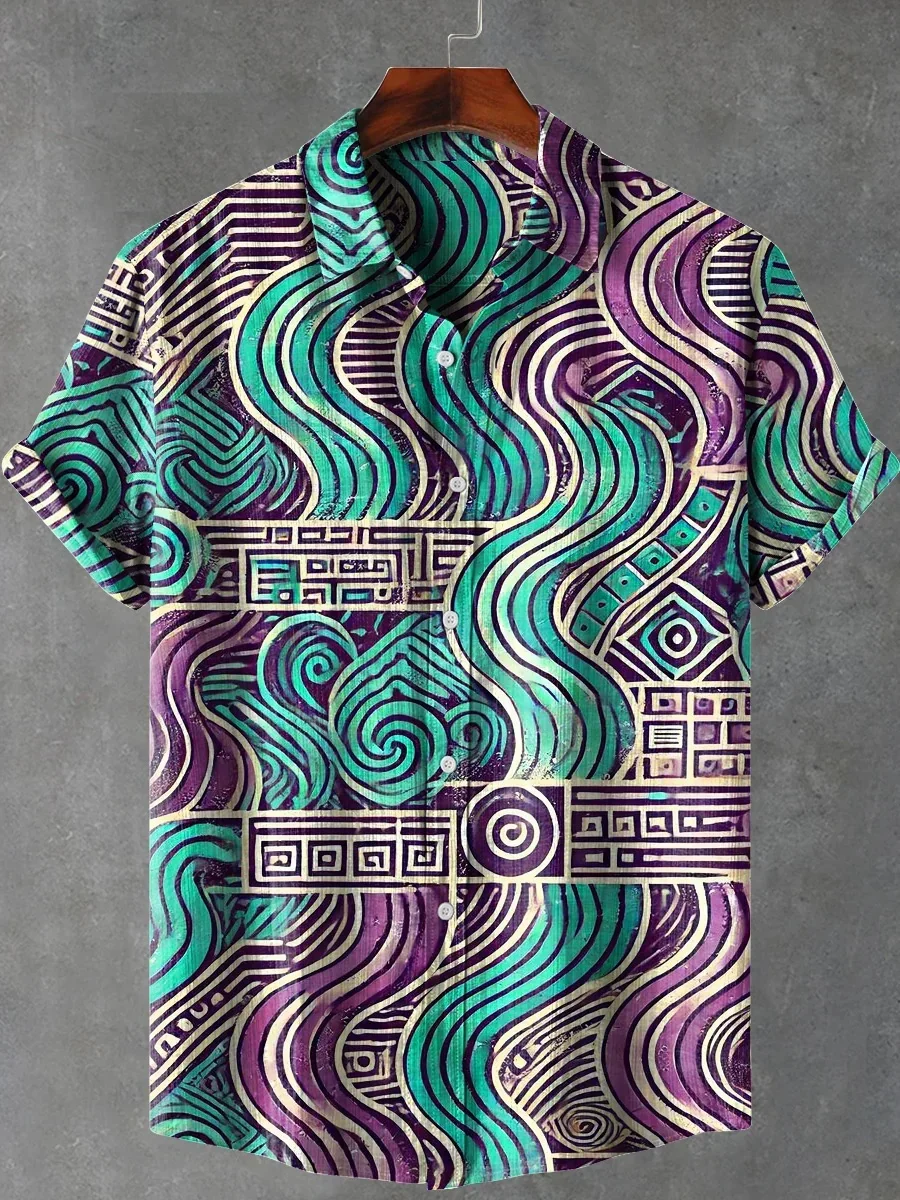 Mens Summer 2025 Comfortable Linen Short Sleeve Shirt Elegant Symmetrical Graphic Art Print Mens Casual Tops