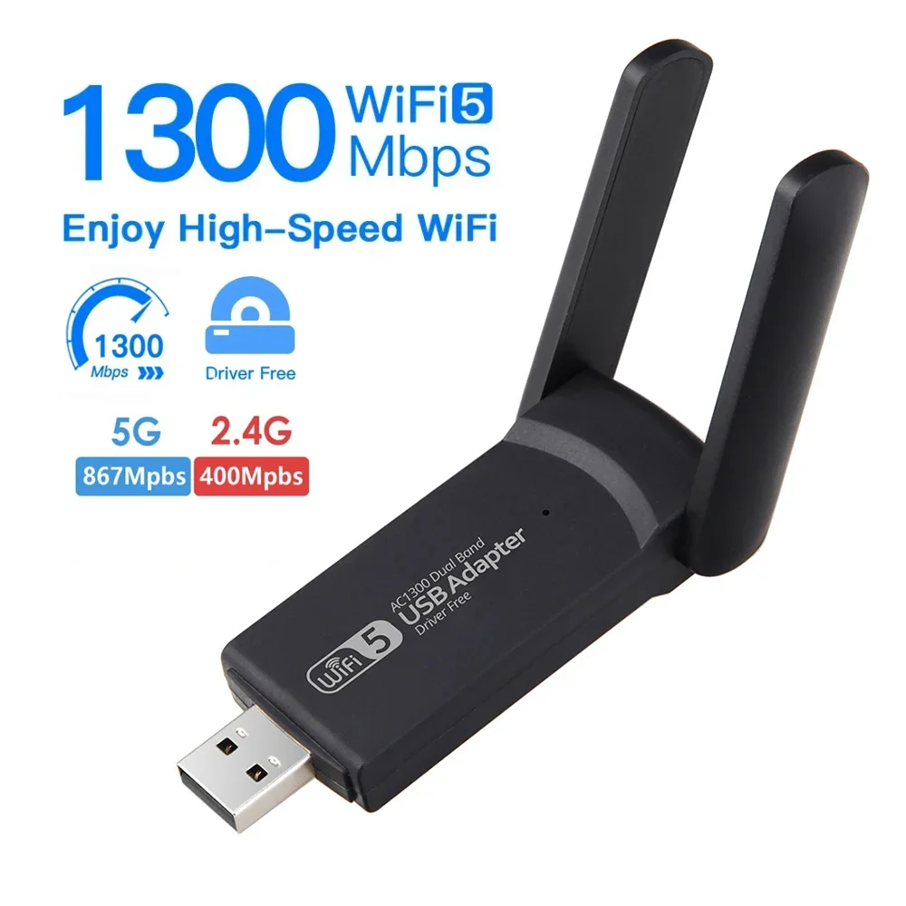 

1300Mbps USB WiFi Adapter AC1300 WiFi 5 Ethernet Network Card Dual Band 5G 2.4G USB2.0 WiFi Dongle for PC Laptop WiFi Receiver