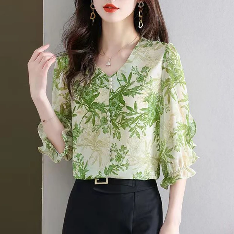 Women\'s Summer Trendy Ruffle Print Elegant Blouse Korean Style V Neck Three Quarter Sleeve Shirt Sweet Chic Chiffon Tops Blusas