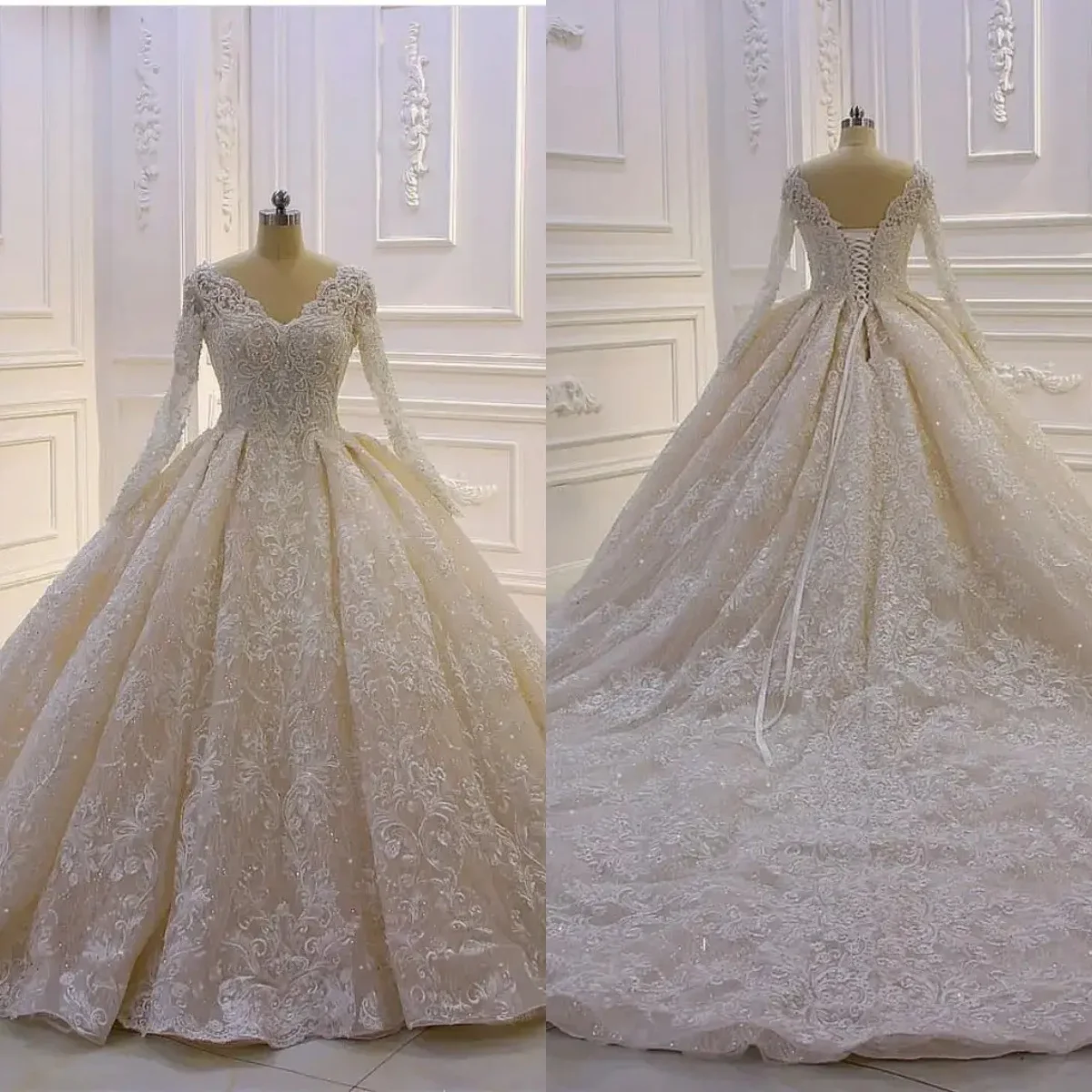 Elegant  Ball Gown Appliques Sequins Laces V Neck Wedding Dress Customized Lace Up Ruched Sweep Train Bridal Dresses