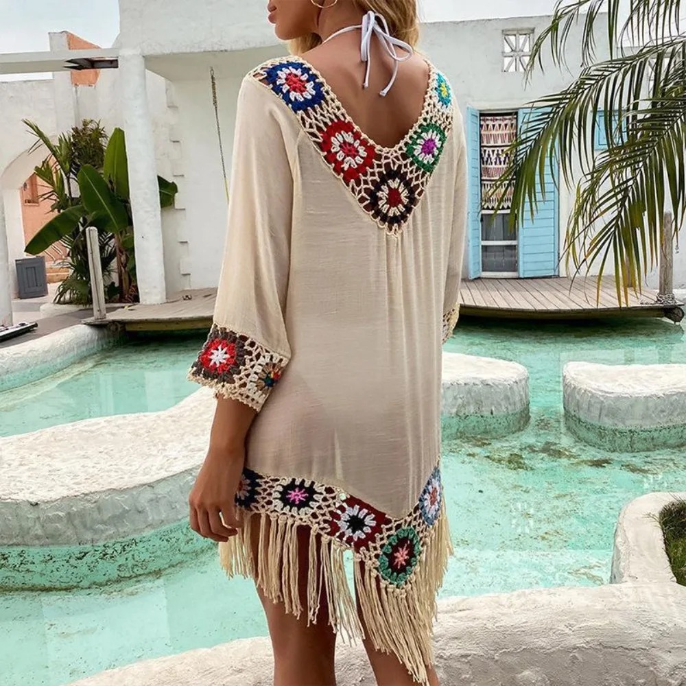 Casual Fringe Trim Bikini Cover Up V-Neck Crochet Pattern Beach Dress Hollow Design Bathing Suit Cover for Women