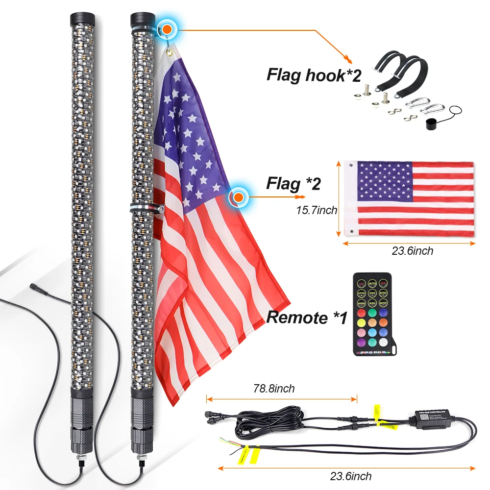 

Hot selling:2'' Phone APP Remote Control Brake Turn Music UTV 2FT 3FT Whip Light 300 Colors 200 Patterns Thick Led Lighted W