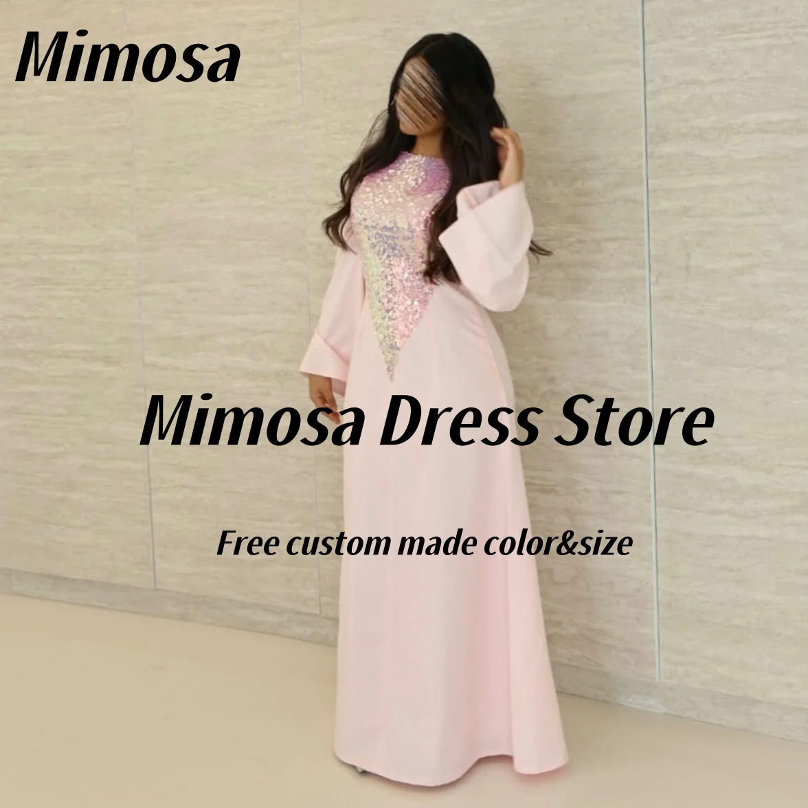 

Mimosa Saudi Arabia Prom Dresses Sequins Keyhole Long Sleeves Evening Party Gowns Light Pink Robe Des Soiree Customized