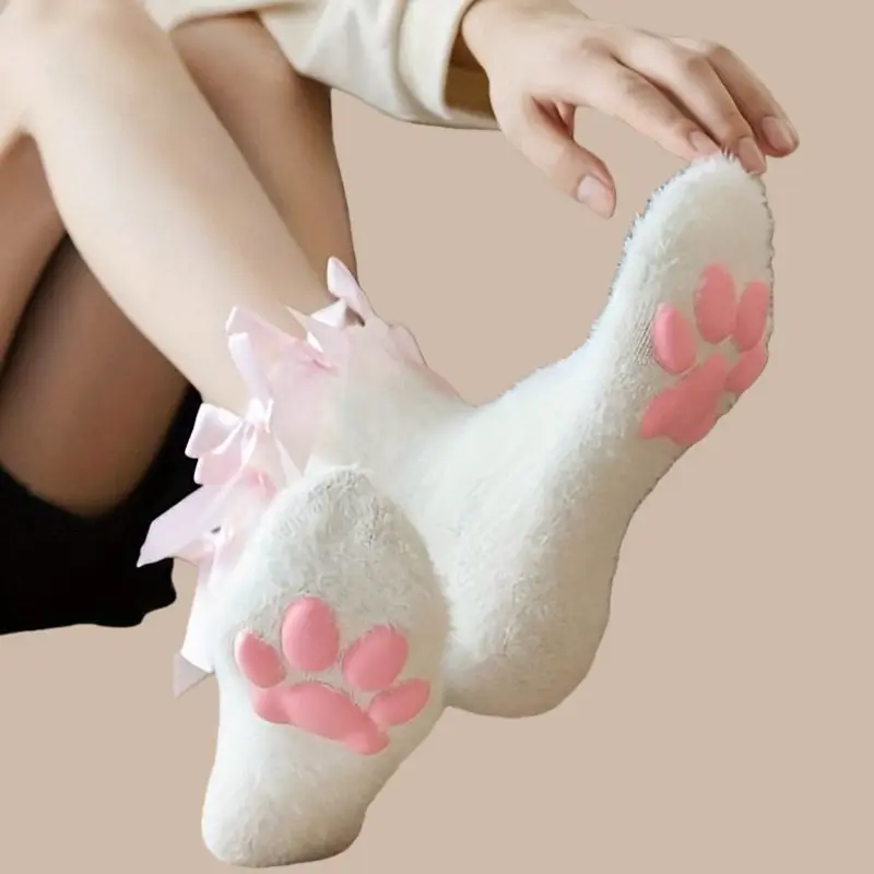 Kawaii Coral Velvet Cat Paw Plush Socks Paw Pads Kitten Claw 3D Cat Paw Socks Lolita Style Cold-proof Bowknot Warm Socks Gift
