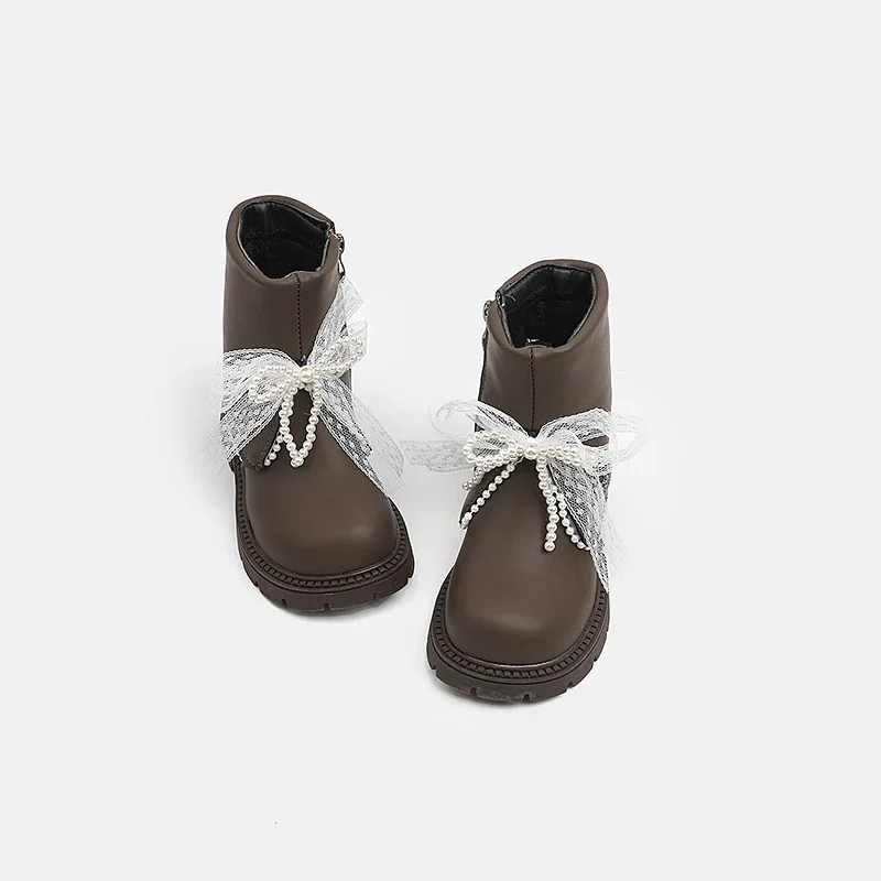 Girls Mid‑Calf Boots with Tulle Pearl Bow Decor,  PU Side‑Zipper Thick Non‑Slip Sole Sweet Princess Kids Fashion Boots