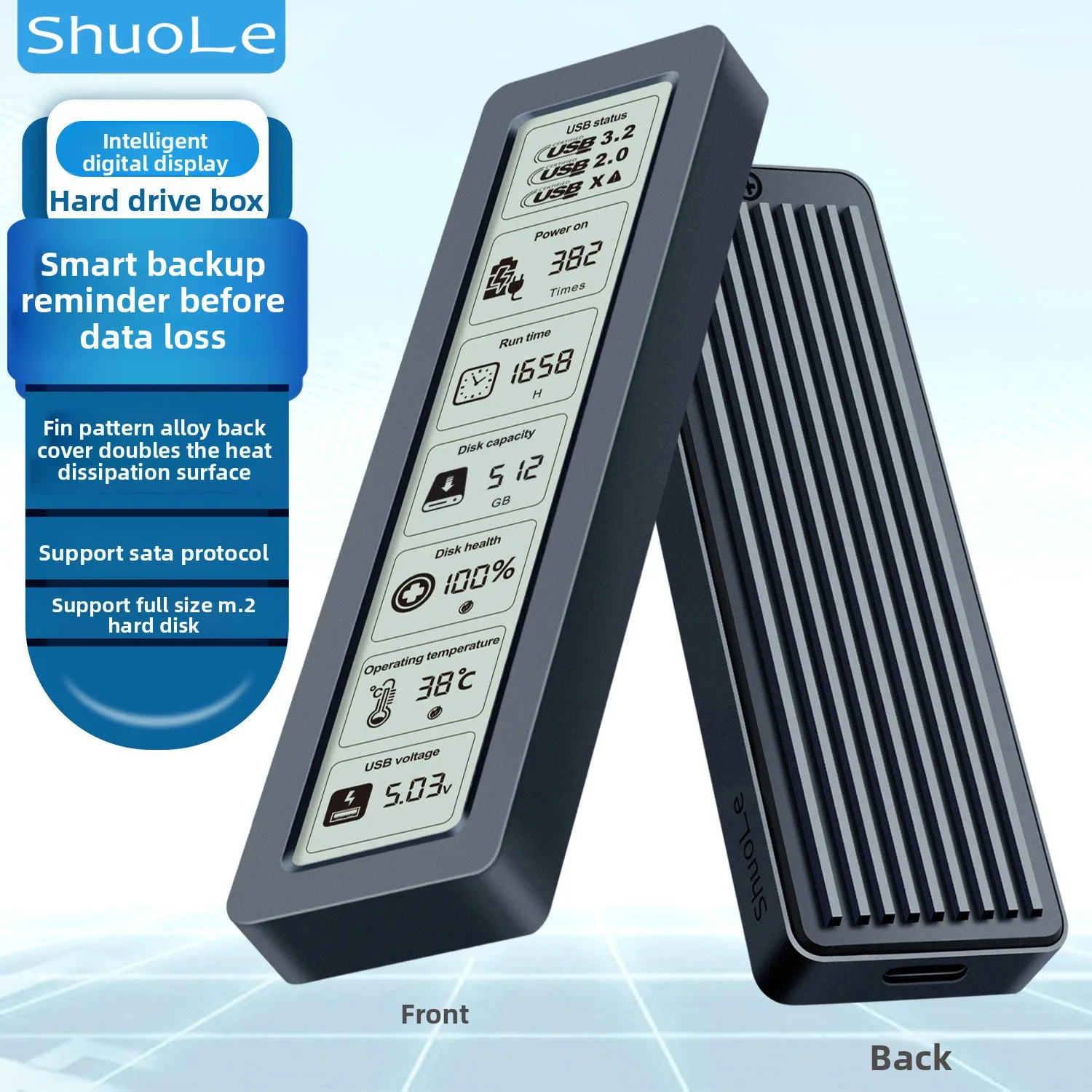 Shuole M.2 Smart Screen Display SSD Enclosure, Universal SATA Protocol, High-speed Type-C USB 3.2