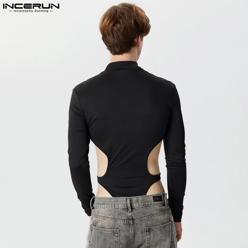 INCERUN Men Bodysuits Solid Hollow Out Sexy Turtleneck Long Sleeve Rompers Streetwear 2023 Fashion Male Irregular Bodysuit S-5XL