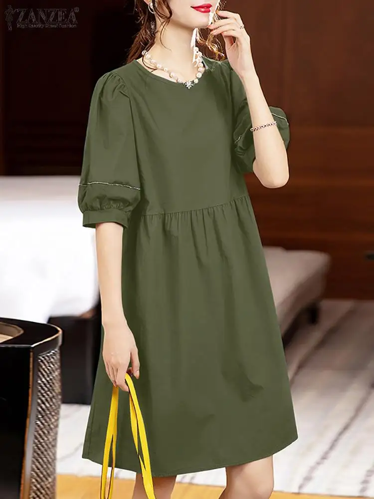 ZANZEA 2024 Summer Holiday Knee-length Dress Casual Gathered Waist Lantern Sleeve Loose Sundress Fashion Women O Neck Vestidos