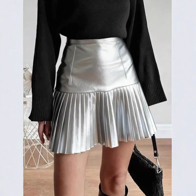 Cross-border European and American Style Leather Women's Small Pleated Skirt Short Skirt A-line Half-length Fashion Womenswear