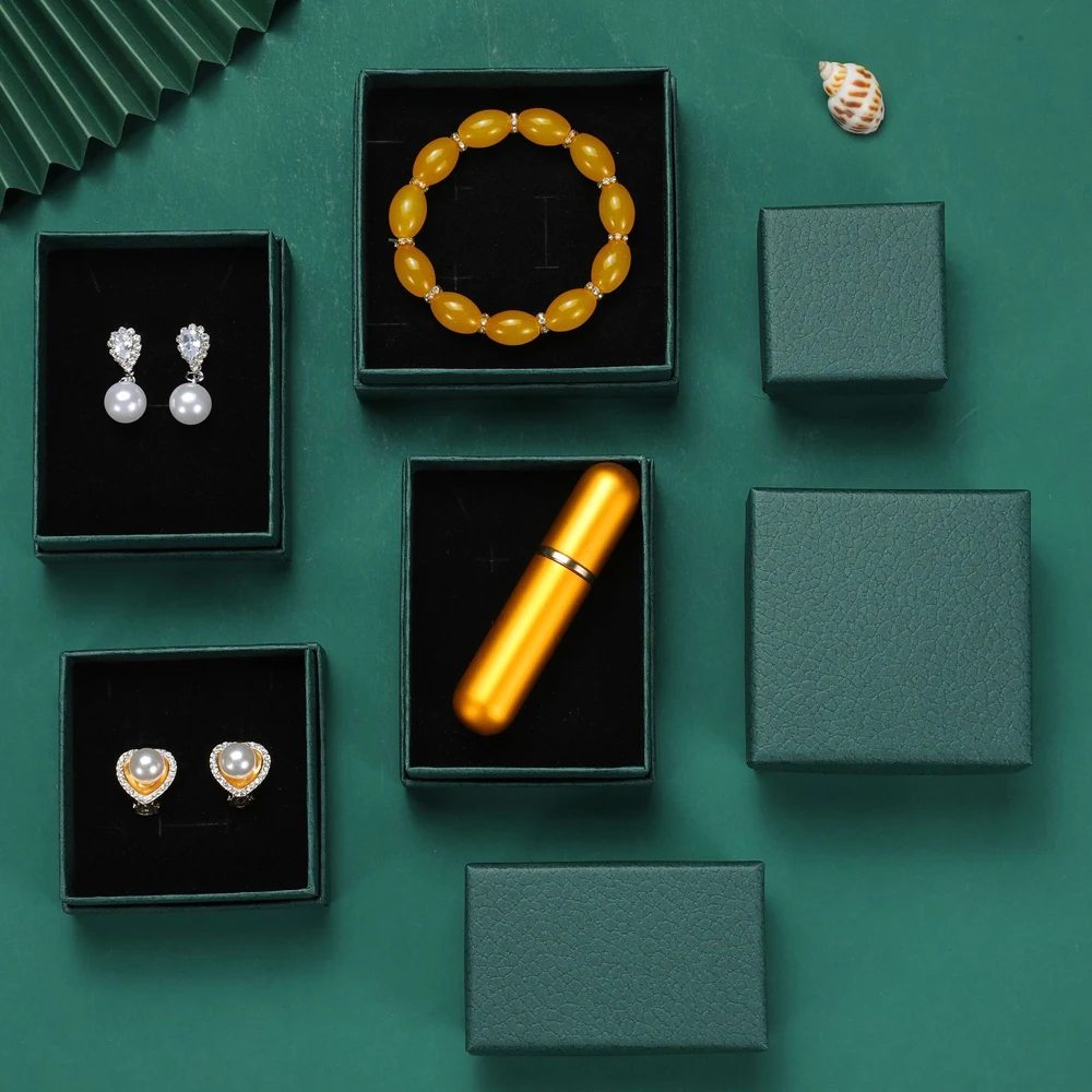 24pcs Dark Green Litchi Stria Paper Jewelry Box with Black Sponge inside Jewelry Store Display Tool Handmade DIY Gift Packaging