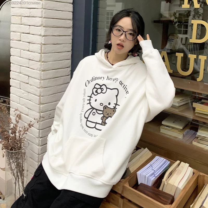 Sanrio Hello Kitty Slouchy Hooded Sweatshirt Women\'s Autumn Winter Grunge Hip Hop Hoodie 90s Vintage Harajuku Streetwear Girls