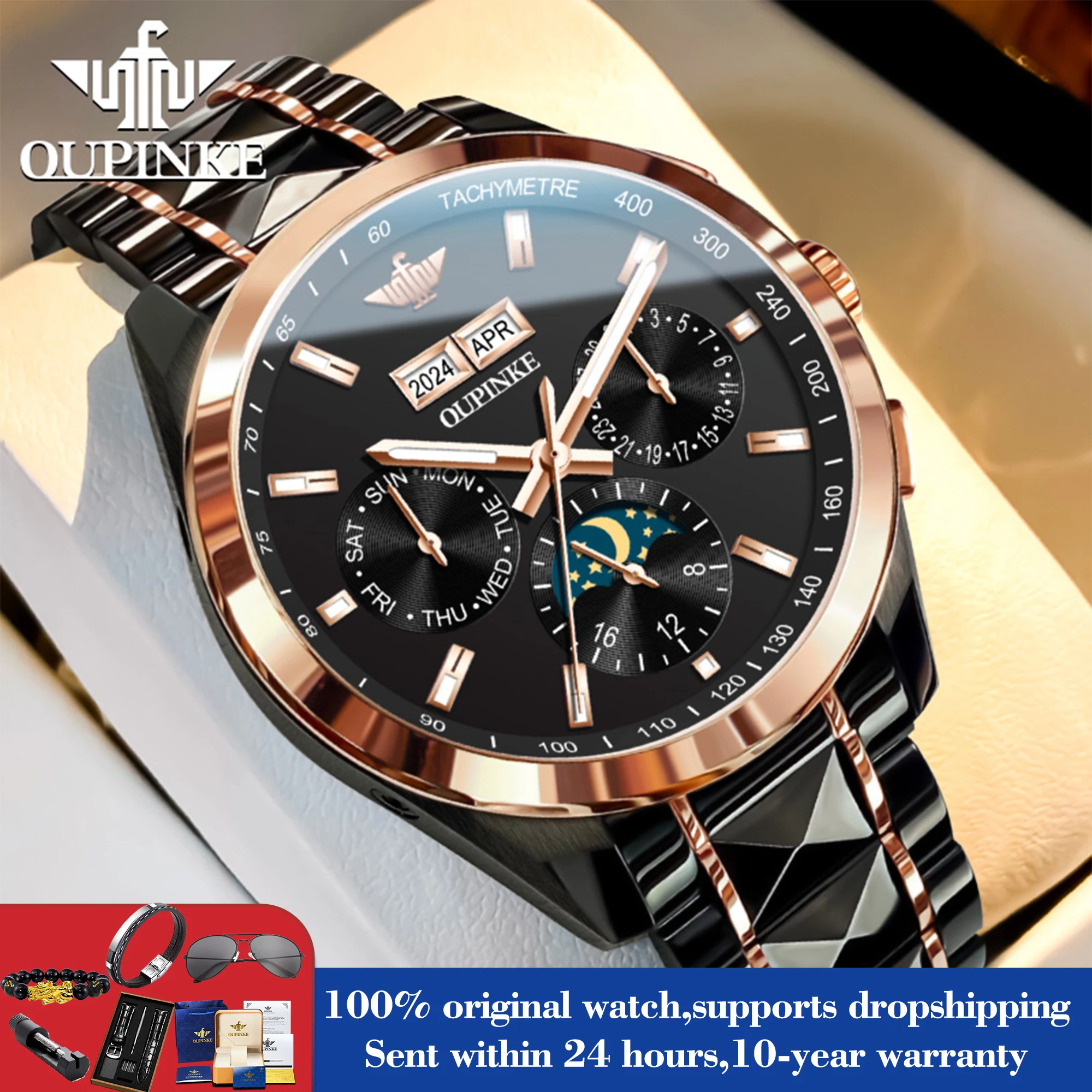 

OUPINKE 3238 Механические мужские часы, лучший бренд, 24-часовые водонепроницаемые часы с фазой Луны для мужчин, автоматическая дата, сапфировое зеркало, ручные часы