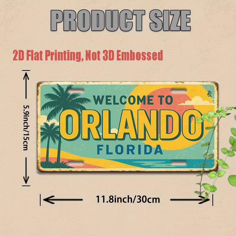 مسطح ثنائي الأبعاد، لوحة ترخيص ألومنيوم قديمة واحدة - مرحبًا بكم في مشهد غروب الشمس أورلاندو فلوريدا، مناسب لغرف الألعاب، ومنازل العطلات