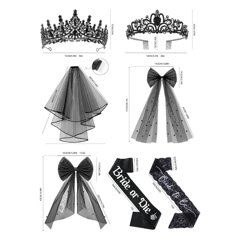 3 قطعة اكسسوارات العازبة السوداء القوطية العروس لتكون عروس أو يموت وشاح الحجاب تاج مجموعة ليلة الدجاجة حفل زفاف زينة