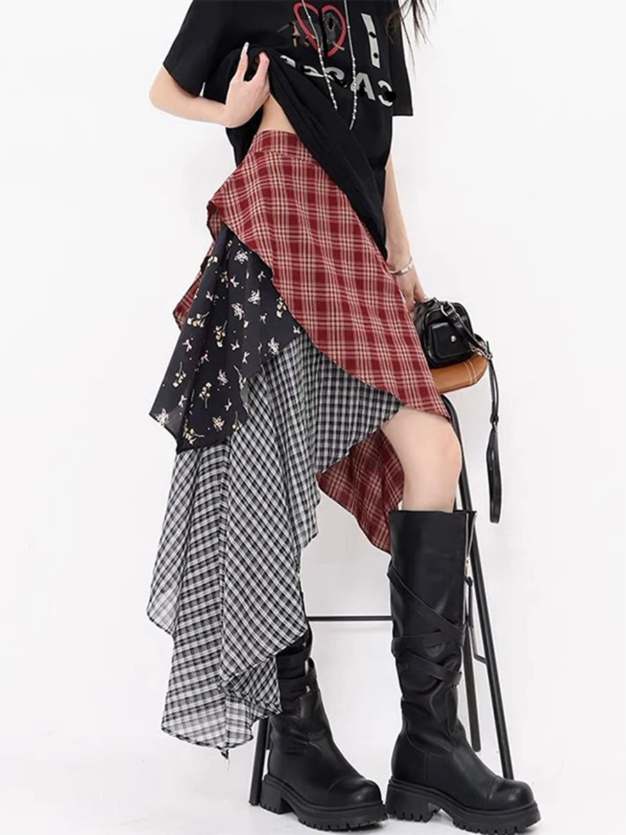 RORORIRI American Vintage Skirts Plaid Irregular Patchwork Zipper High Waist Skirt Y2k Harajuku Streetwear Midi Length A Line