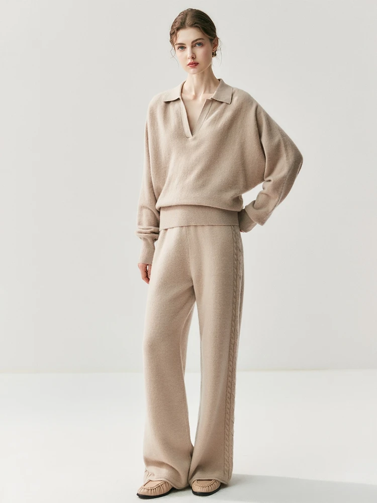 Yoyoselect 100% Cashmere Women's Trousers Loose Wide Leg Pant Autumn Winter Thickened Side Twist Warm Elegant Solid Color Pants