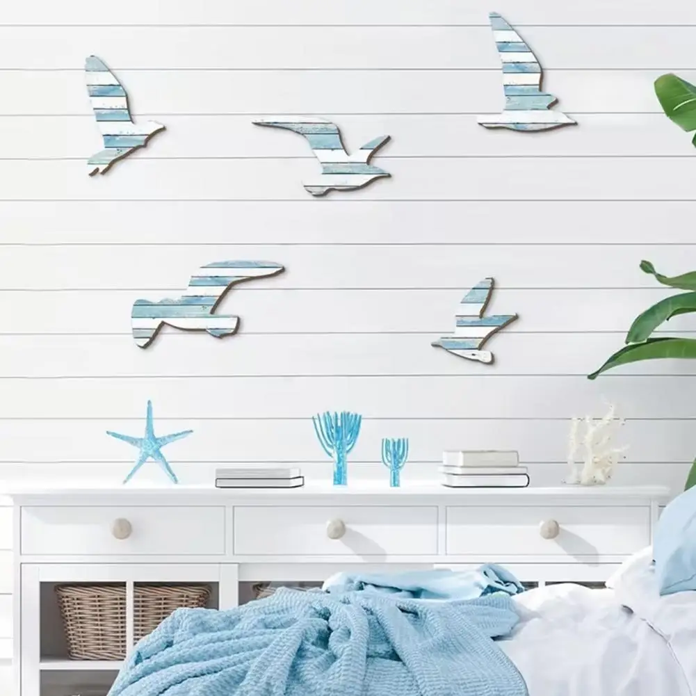 Coastal Wall Decoration 5 Pcs Wood Seagull Wall Art Set Nautical Coastal Beach Decor Vintage Sea Bird Ornaments for Lake House