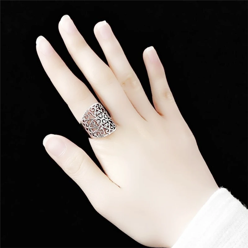 Retro Hollow Flower Cloud Carved 925 Sterling Silver Resizable Opening Ring For Women Luxury Jewelry RI603