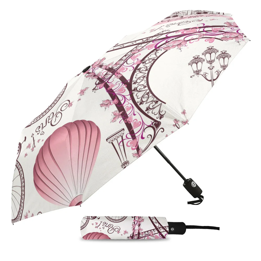 Paris Eiffel Tower Bicycle Flowers Creative Umbrella Rain Women Automatic Three Folding Umbrellas Windproof Parasol Parapluie