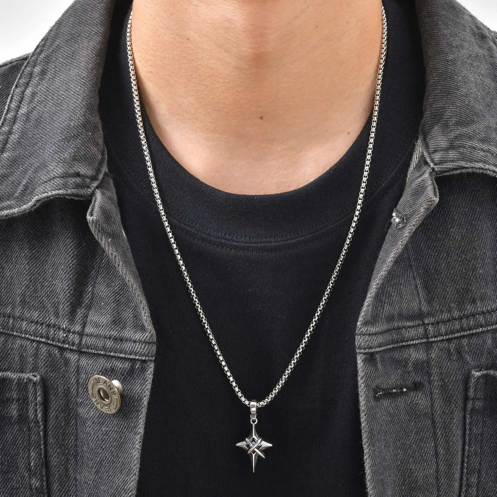Minimalistische Sternkreuz-Halskette mit Anhänger aus Edelstahl für Männer, Punk-Hip-Hop-Unisex-Halsbänder, Y2K-Modeschmuck-Geschenke – Detail 3