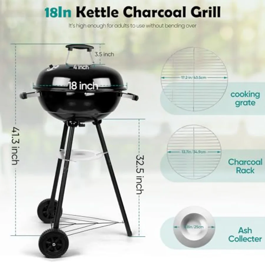 18 Inch Charcoal Grill, Black Kettle Outdoor Barbecue Grill, 2-In-1 Portable BBQ Grill with Wheels for Camping Backyard Patio P