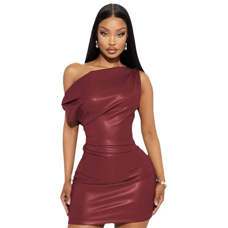 Robe de soirée en Faux cuir Pu pour femmes, couleur unie, Sexy, sans manches, Slim, élastique, jupe t-shirt, Tube, Mini robe courte