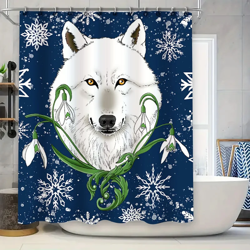 

Winter Theme Wolf and Snowflake Pattern Waterproof and Mildew Resistant Shower Curtain - Bathroom Home Decor Curtain