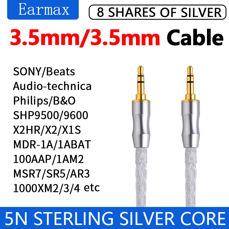 For Philips B&O SONY X2 X1S MDR-1A 1AM2 H6 H7 H2 MSR7 Replaceable Earphone 8 Strand Pure Silver 3.5mm to 3.5mm Balanced Cable