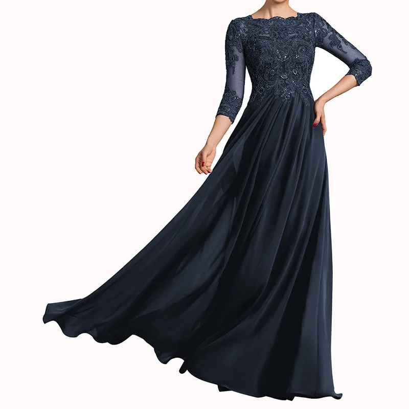 QMANSHA Maßgeschneidertes langes Brautjungfernkleid mit dreiviertellangen Ärmeln, Spitze, Chiffon, formelles Abendkleid, A-Linie, Hochzeits- und Partykleid – Detail 14