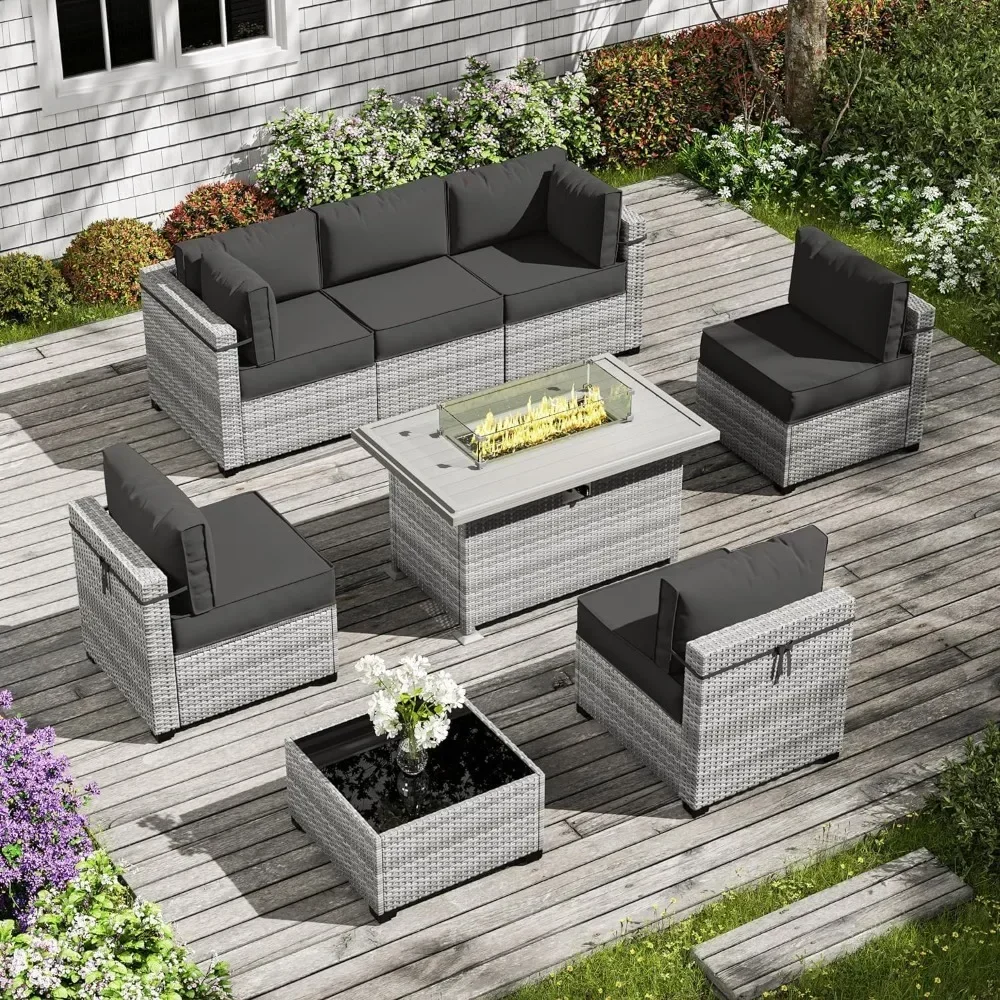 

8-Piece Patio Furniture Set With Fire Pit Table, Seat Cushions Light Grey Outdoor Modular Wicker Conversation Set