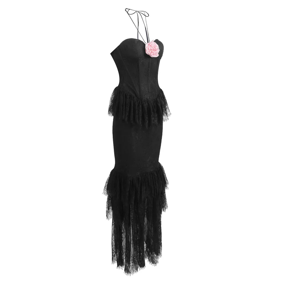 Schwarze Spitzen-Blumenkleider für Frauen, sexy trägerloses Nachtclub-Partykleid, 2025, Sommermode, luxuriöse Promi-Abend-Abschlussballkleider