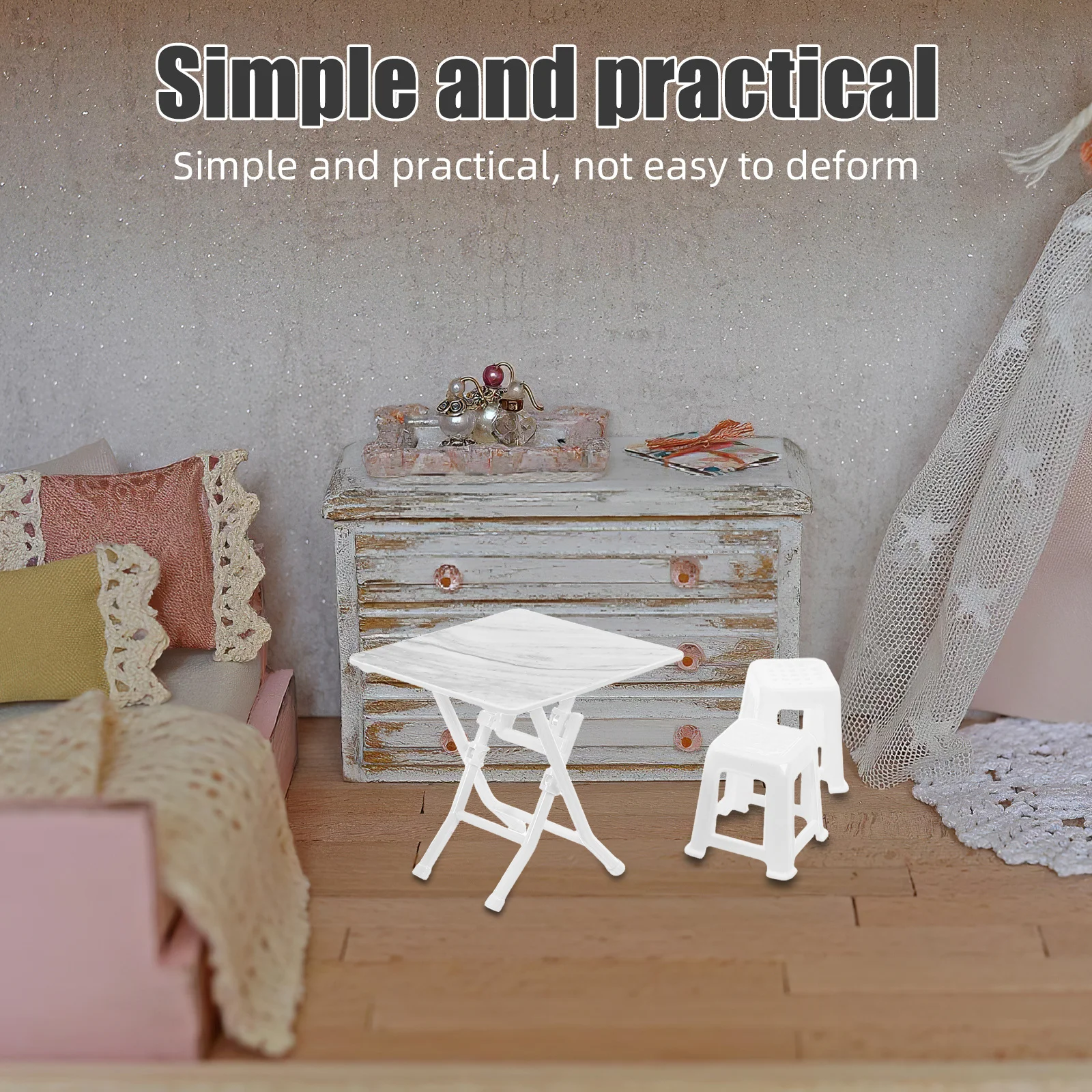 1세트 미니어처 인형집 가구 테이블과 의자 플라스틱 작은 현실감 있는 가구 DIY 놀이 인형집 의자