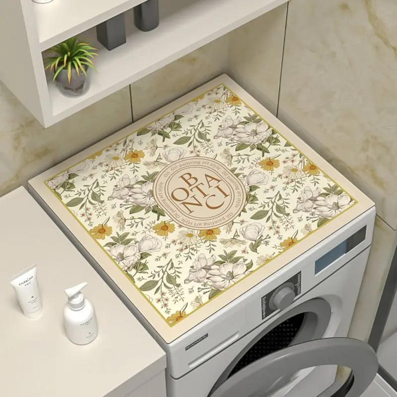 VIKAMA Cream Floral BOTANIC Emblem Washing Machine Top Mat Vintage Blossom Gold Edge Water Resistant Non Slip Kitchen Balcony