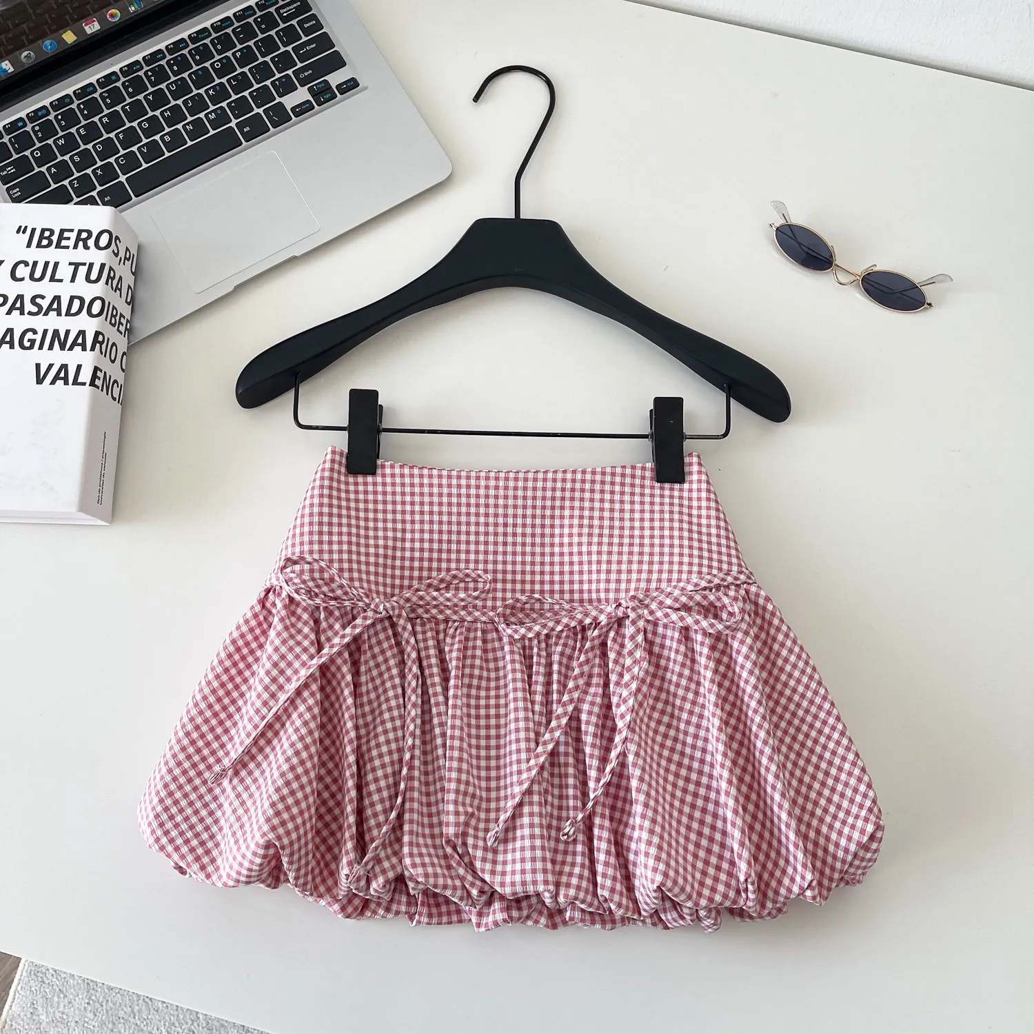 Korean Style Plaid Pink Women' Skirt 2026 Spring Summer Sweet High Waist Slim-looking Woman Clothes Bow Commuter A-line Skirts